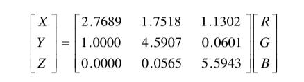 X、Y、Z和RGB系數(shù)之間關(guān)系式